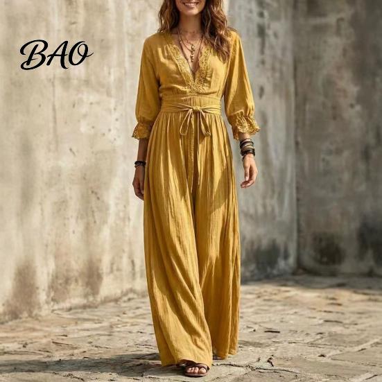 Daily Wear Lace Dress Women V-Neck for Fall, 3/4 Sleeves Maxi with Solid Color Belt, Loose Casual Long Vacation Three Quarter Sleeve