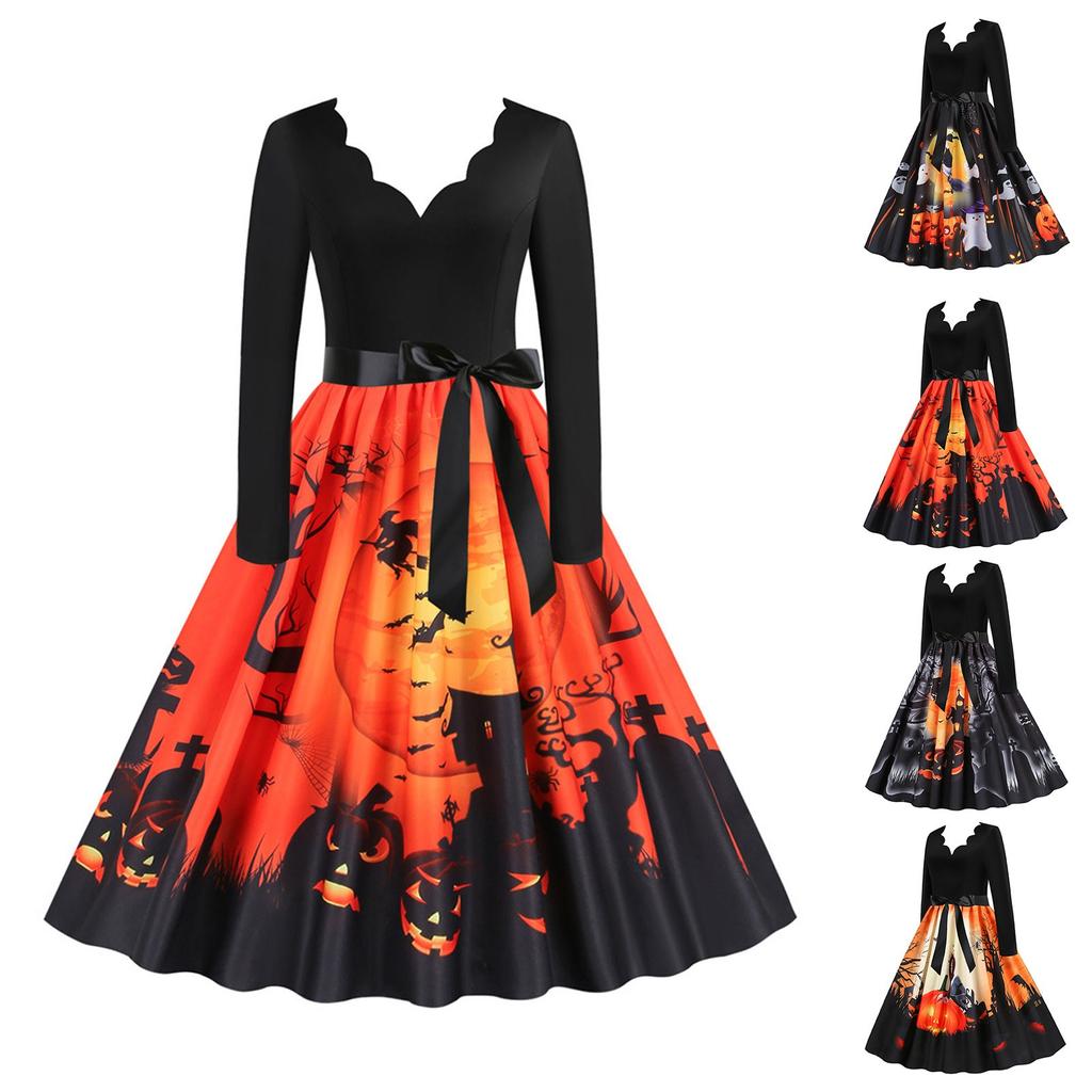Women's Casual Halloween Printed V-Neck Zip-Up Long Sleeve Panel Swing Dress