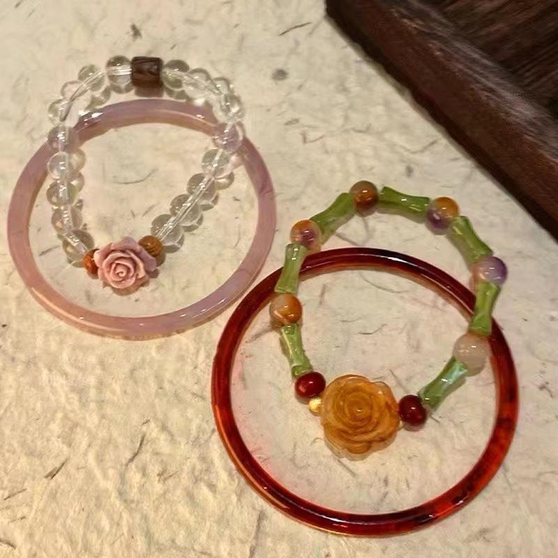 Elegant Chinese New Style Rose Flower Glass Beaded Bracelet For Women Handcrafted Vintage Luxury Jewelry