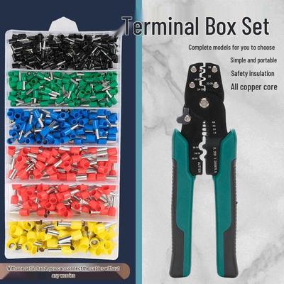 Набор клемм холодного прессования трубчатого типа VE с медным ящиком для хранения, соединитель для проводов, обжимные клещи и панель переключателей.