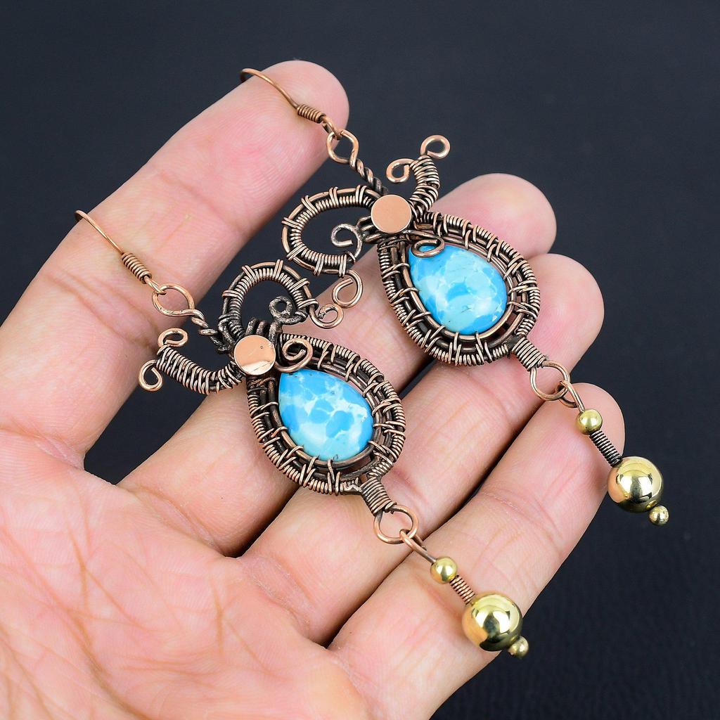 Larimar Earrings, 999 Copper Wire Wrapped Jewelry, Gemstone Earrings, Gift For Her Handmade Dainty Jewelry