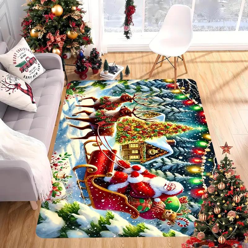 Christmas Living Room Rugs Santa Sleigh Design Merry Christmas Print Holiday Decor Mats for Festive Home