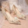 Women Dress Shoes Stiletto Bridal Wedding High Heels Luxury Pearl Sequins Heels Champagne Gold Wedding Shoes Pointed-toe Pumps