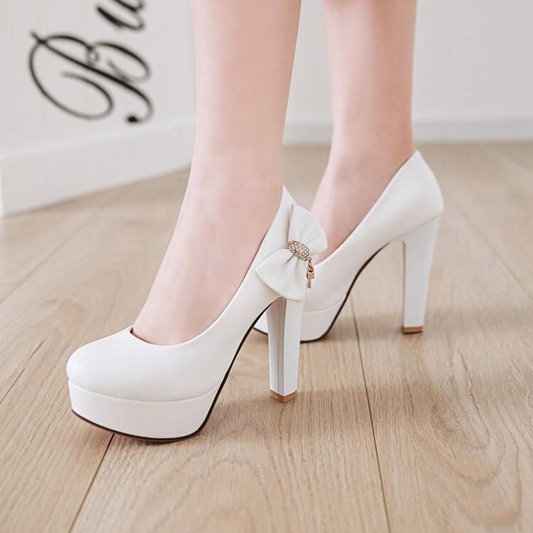 Женские туфли-лодочки из искусственной кожи на платформе, на очень высоком каблуке, с круглым носком и бантом, милые вечерние весенне-осенние туфли черного, белого, бежевого цвета