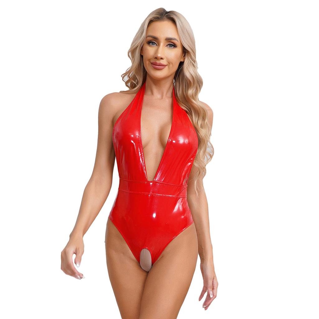 Women's Wetlook Latex Catsuit Patent Leather Bodysuit Sleepwear Pole Dance Nightclub Outfit
