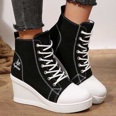 Мода Мода Высокие клинья Женские кроссовки 2025 Осень Новые Черные Кроссовки на платформе Женские Легкие На шнуровке Повседневные Холщовые туфли