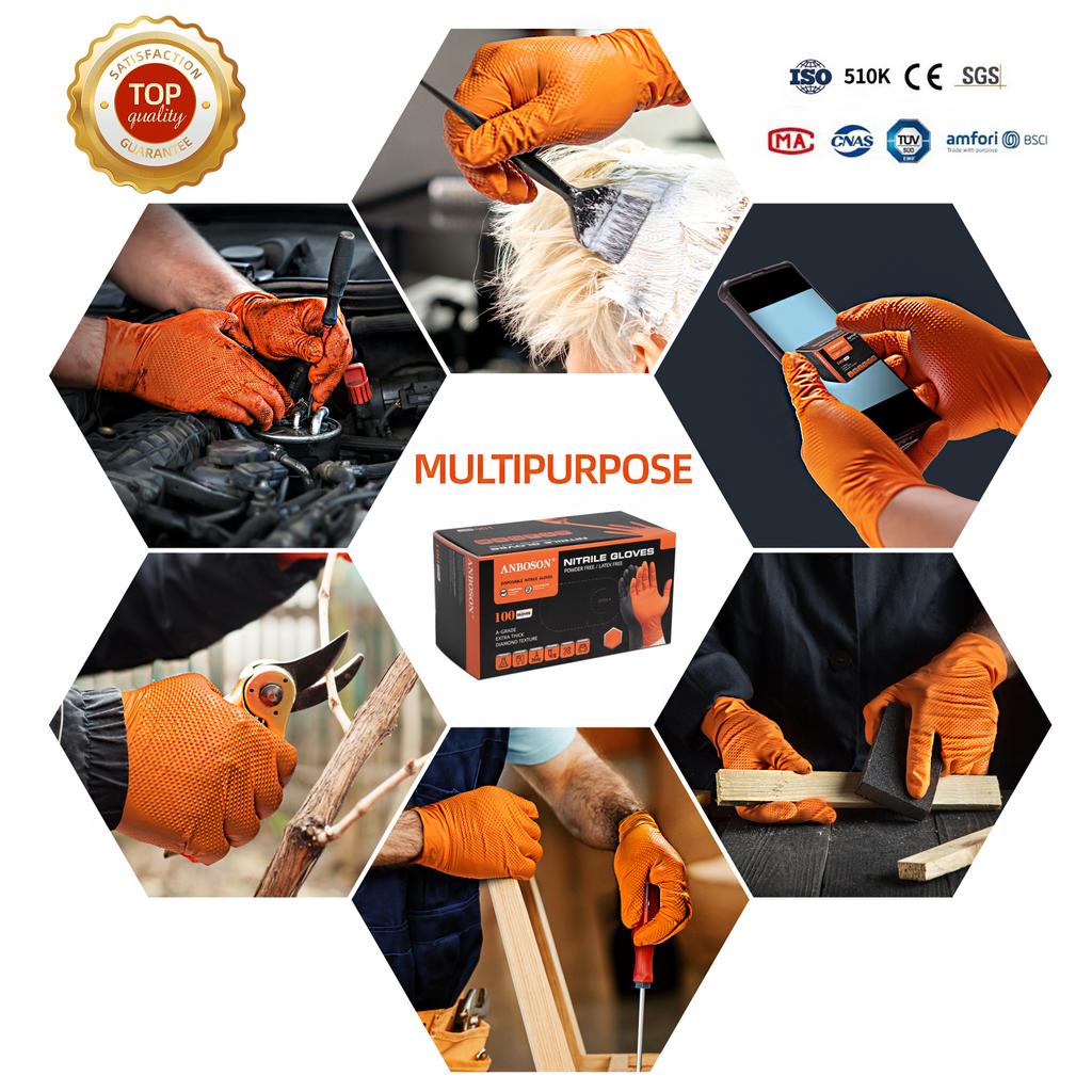 Anboson 10mil Orange Disposable Nitrile Gloves Diamond Texture Industrial Strength for Auto Repair and Heavy Duty Applications