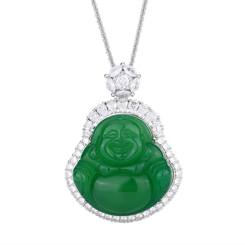 Ювелирные изделия Зеленый Халцедон Белый Халцедон Смеющийся Будда Гонг Китайские аксессуары Национальный стиль Майтрейя Ожерелье Подвеска