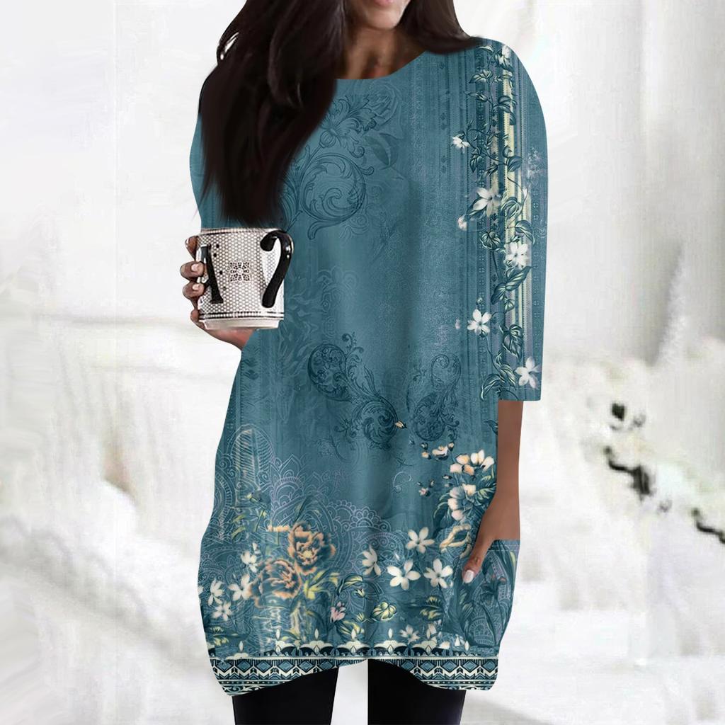 Женские повседневные рубашки с рукавами 3/4, модные туники с принтом, топы с карманами