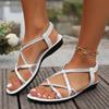 Casual Silver Cross Strap Sandals Women 2025 Summer Round Toe Flat Feels Gladiator Sandals Women Sexy Beach Shoes Plus Size 42