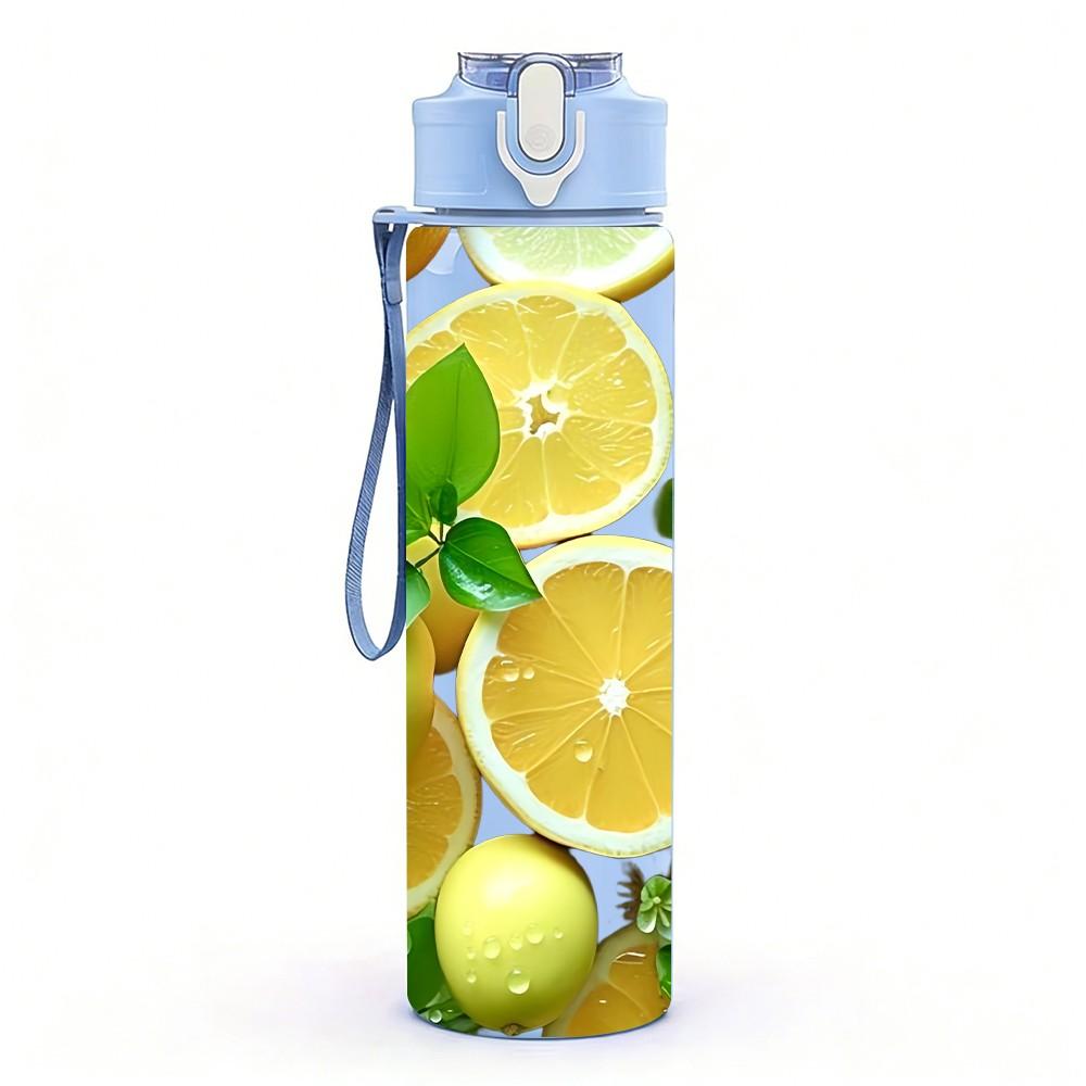 1PC Green Lemon Citrus Fruit Sliced Print 750ml Color Plastic Sports Water Bottle Leakproof Flip Straw Lid Suitable for Sports Office Home Use