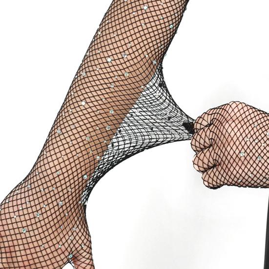 1 Pair Women Prom Arm Sleeves See-through Hollow Out Fishnet Rhinestone Decor Ultra Thin Fingerless Performances Bride Wedding Photo Prop Arm Cuffs