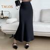 Women Fishtail Skirt High Waist Fishtail Hem Maxi Skirt Solid Color Retro Satin Texture Hip Wrapped Skirt