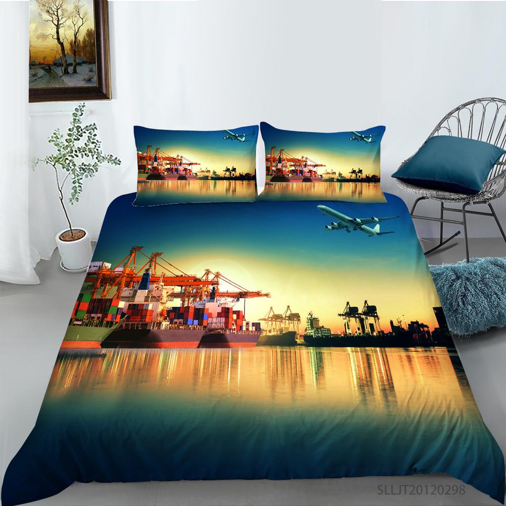 3D Ship Duvet Cover Set King Queen Size Large Freighter Container Print Bedding Set Blue Sea 2/3pcs Polyester Comforter Cover