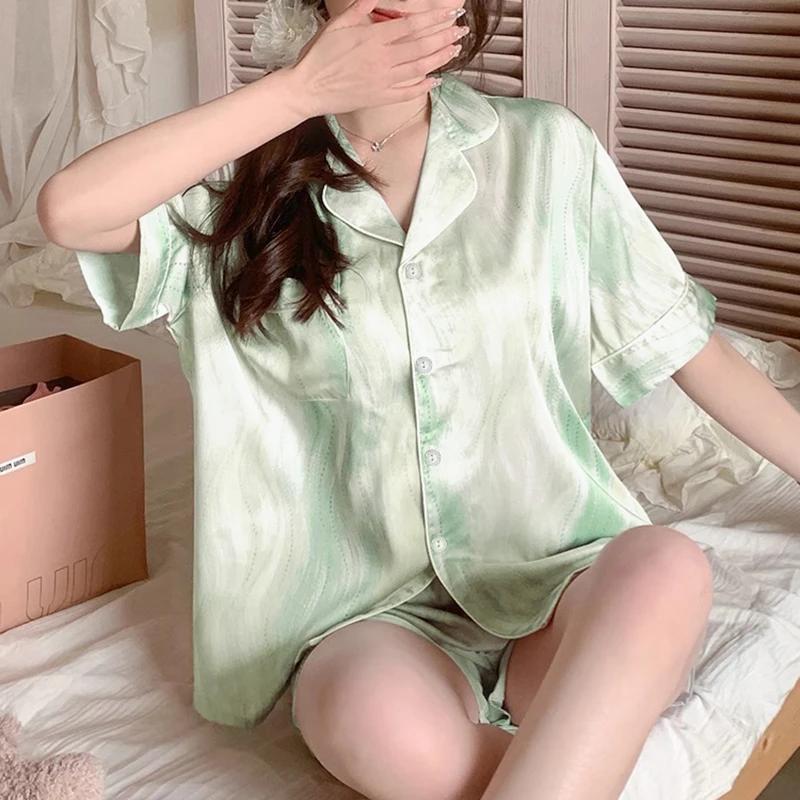 Женская пижама с принтом «волны воды» французская свежая Y2k струящаяся зеленая элегантная ночная рубашка новая летняя модная ночная рубашка