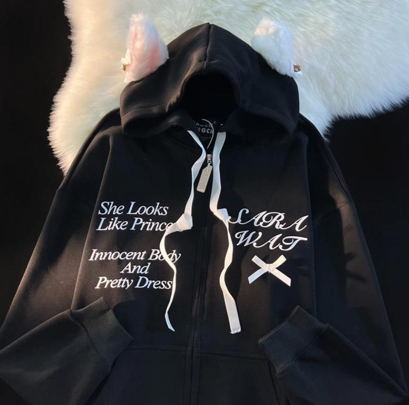 Американский сладкий и крутой ветер кошачьи ушки с капюшоном свитер женский весна и осень 2025 года дизайнерское чувство нишевый ленивый шик парный кардиган