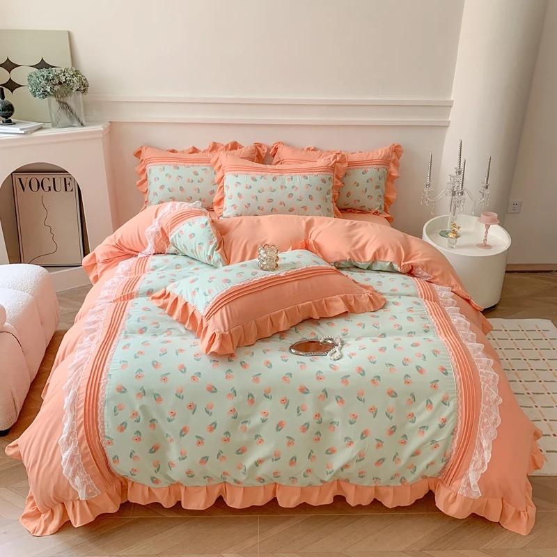 4Pcs Princess Bow Korean Duvet Cover With Ruffle Lace Luxury Bedding Set Bed Sheet For Girls Flower Bedspread Decor Home