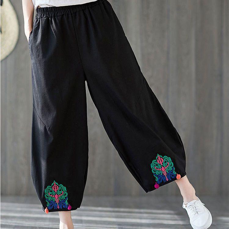 Брюки длиной девять точек Женские Летний Новый Стиль Художественный Ретро Стиль Свободные Повседневные Вышитые Брюки-фонарики Женские