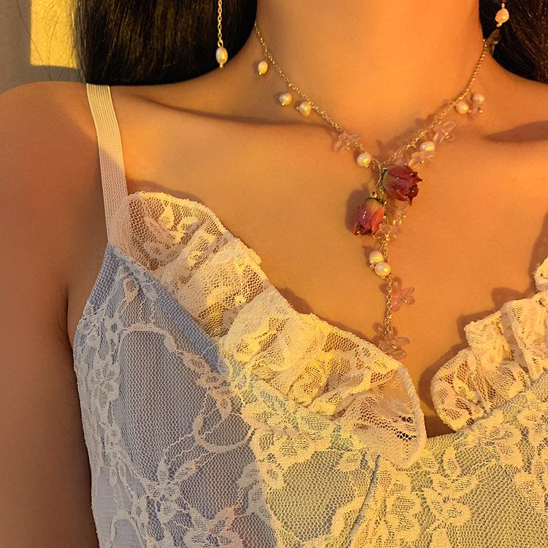 1 комплект браслеты серьги ожерелье для женщин милые романтические смоляные розы лепестки жемчужные кисточки ожерелья комплекты ювелирных изделий