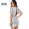 Women Mini Dress Round Neck Hollow Short Sleeve Backless Short Dress Glitter Sequins Hip Wrapped Party Dress