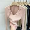 French Elegant V-neck Knitwear Tops Women's Autumn Thin Style Unique Chic Solid Pullovers Fashion Design Base Casual Polo Shirts Winter