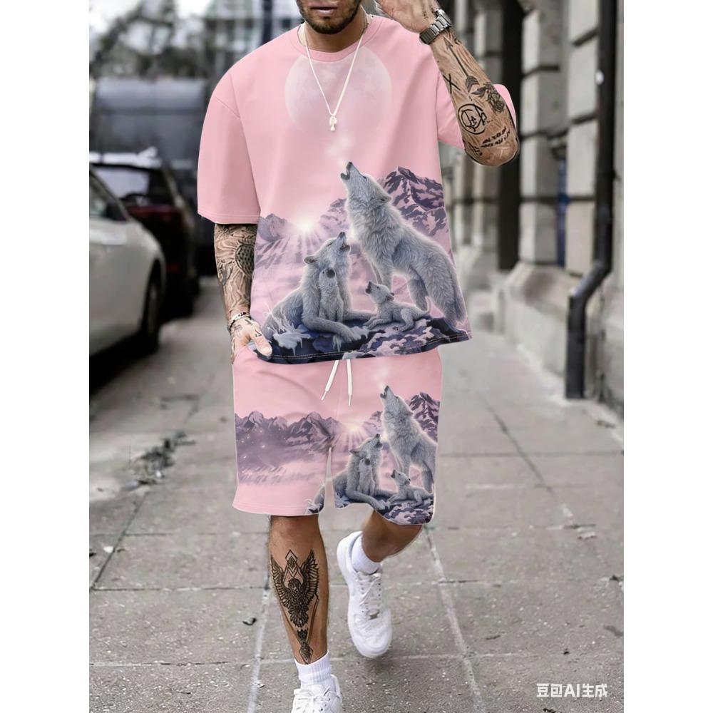 Мужской комплект: футболка с коротким рукавом и шорты с принтом «Звездное небо и стая волков»