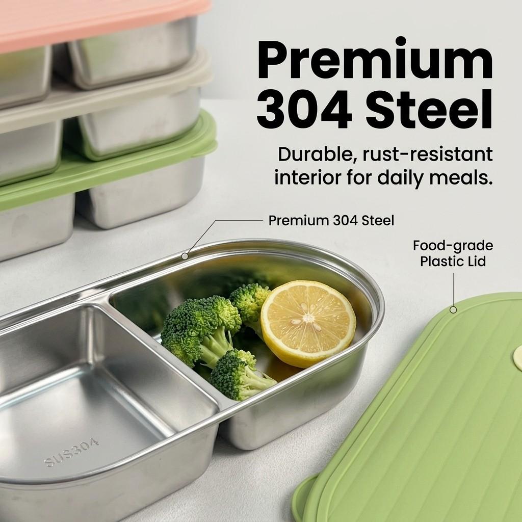 2 Grids 304 Stainless Steel Bento Lunch Box With Sauce Box Portable Sealed Fruit Salad Food Container For Student Microwave Safe