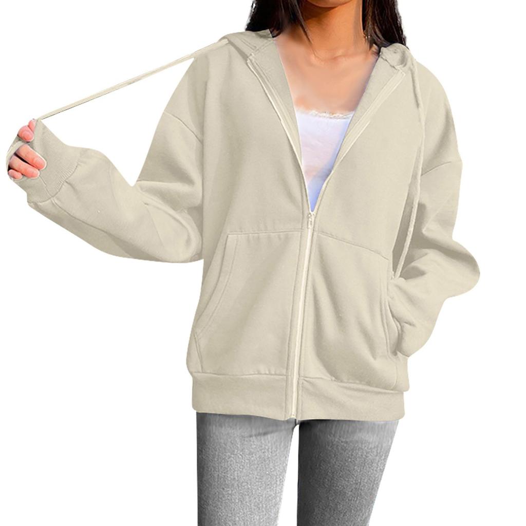 Женская модная повседневная однотонная толстовка с капюшоном и застежкой-молнией с длинным рукавом
