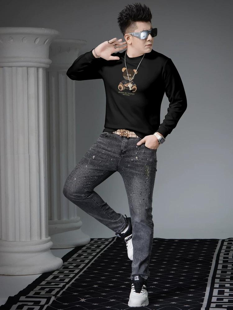 European Trendy Bear Embroidery Crew Neck Sweatshirt for Men 2025 New Autumn Long-Sleeve Pullover Top