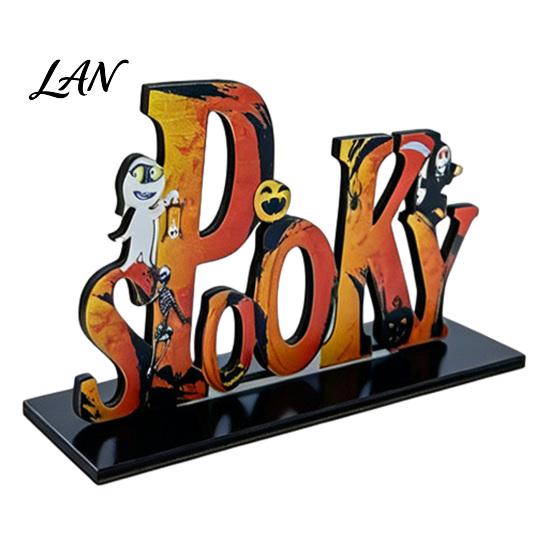 Halloween Wooden Ornaments Tabletop Ornaments, Freestanding Solid Wood Letter Signs, Decorative Table Centerpiece Desktop Accessories with Pumpkin And