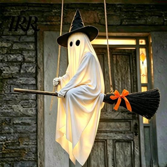 Playful Ghost Face Decoration Halloween Hanging Outdoor Decoration, Spooky LED Light Up Witch with Orange Bow Accents on Broom for Home, Tree, Porch,