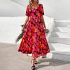 Casual Women's Summer Dresses Puff Sleeve Floral Maxi Dress Gathered Open Back Flowing Layered Beach Maxi Dress