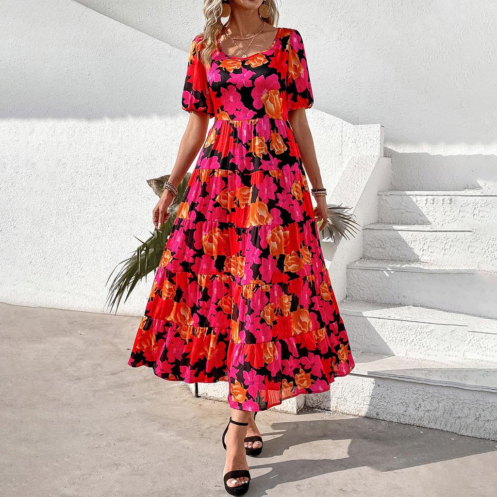 Casual Women's Summer Dresses Puff Sleeve Floral Maxi Dress Gathered Open Back Flowing Layered Beach Maxi Dress