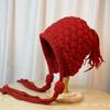 New Year Red Hat for Women Autumn and Winter Warm Woolen Tassel Pullover Hat Hand Knitted Ear Protection Hat Japanese Ins