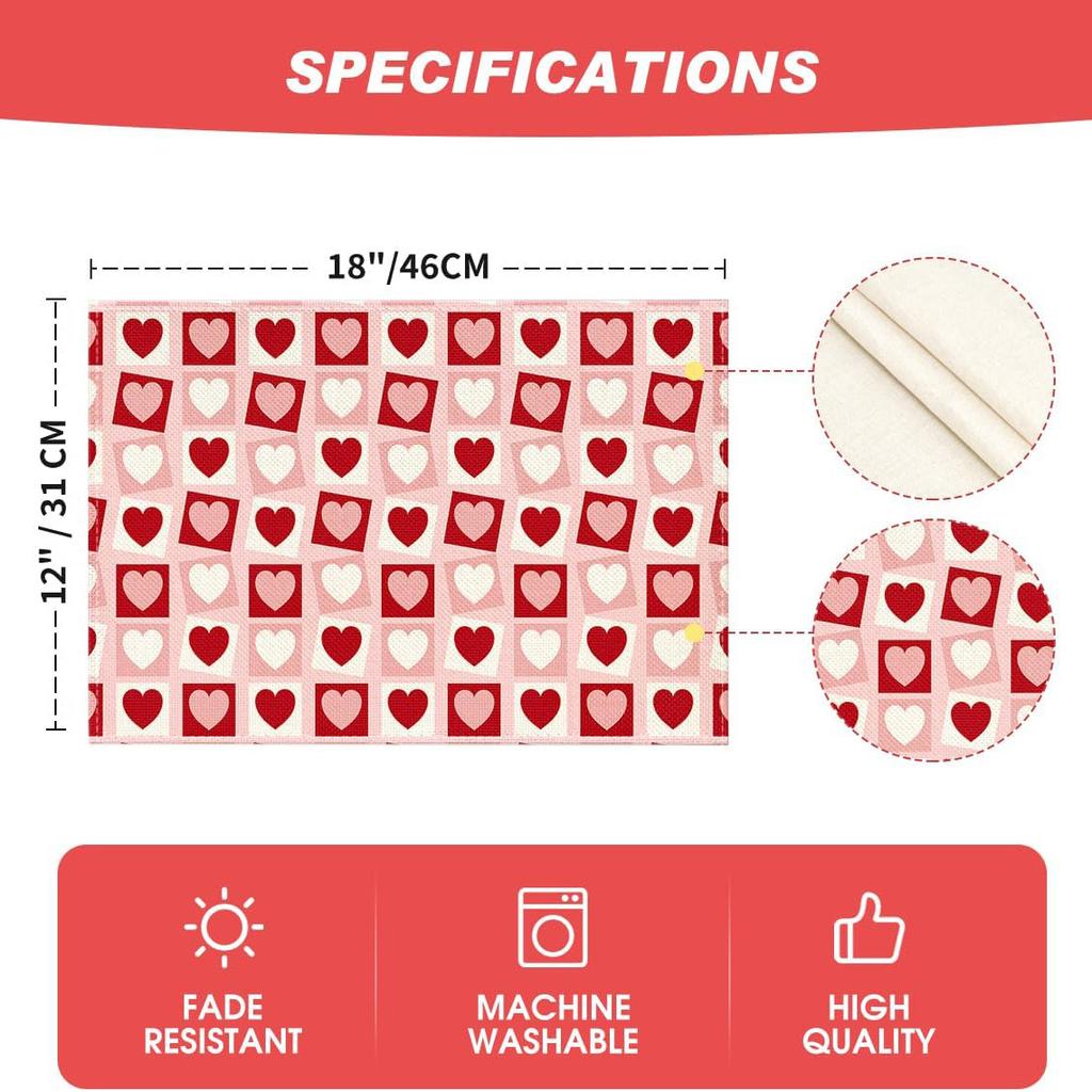 4/6pcs Pink Love Hearts Valentine Placemats Set • Anniversary Wedding Placemats for Party • Kitchen Dining Decoration • 12x18 Inch