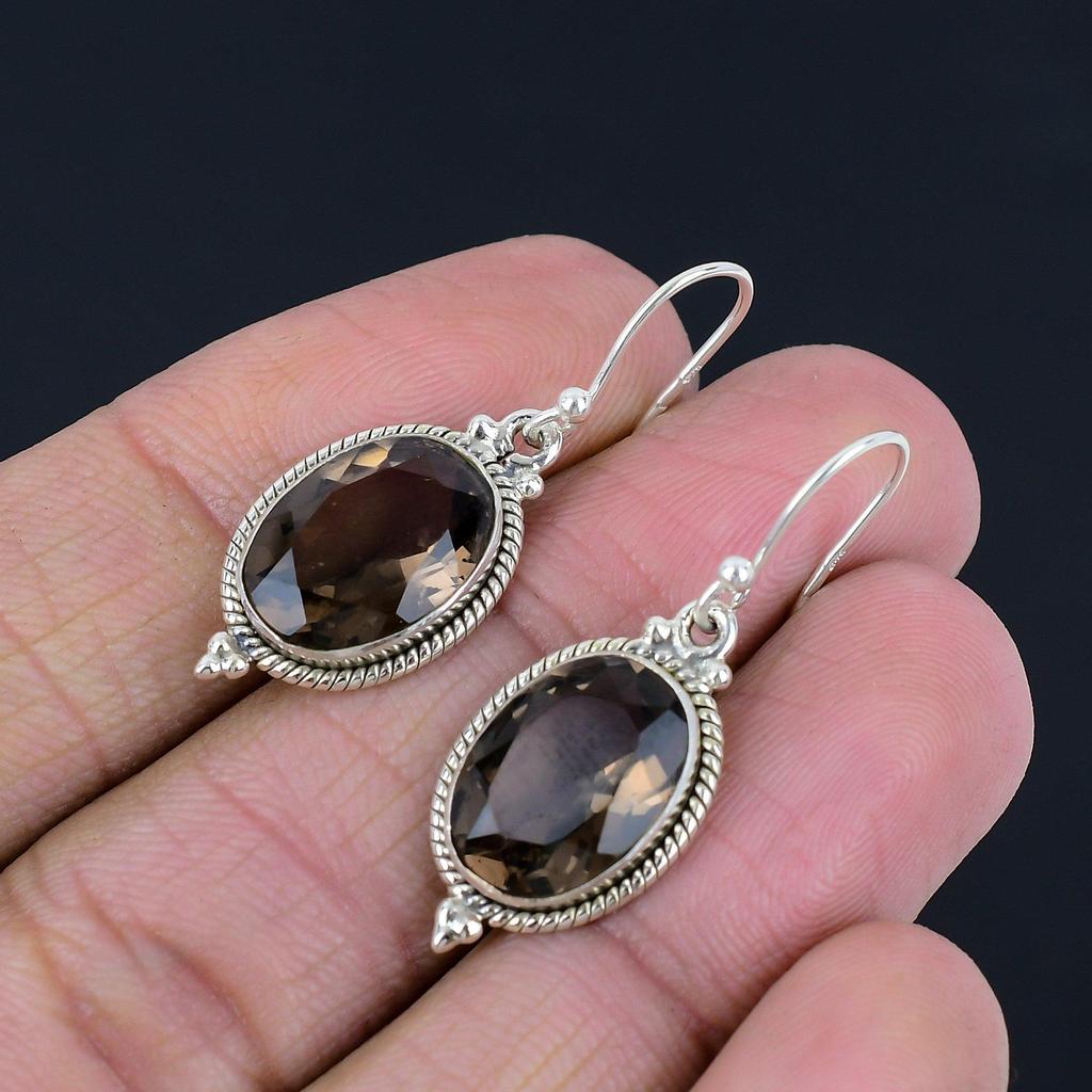 Серьги с граненым дымчатым кварцем, однотонные серьги из стерлингового серебра 925 пробы ручной работы, висячие серьги ручной работы, ювелирные изделия, подарок для женщин и девочек