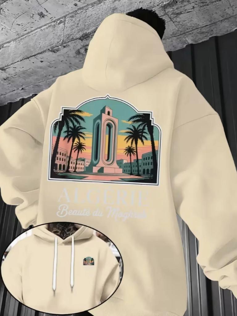 Men Algerie Maghreb Landmark Sports Hoodie Palm Tree Monument Print Black Oversized Pullover Streetwear Sweatshirt Autumn Winter