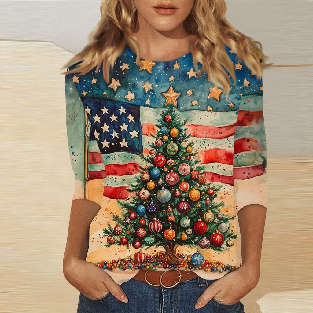 Женская мода повседневная три четверти рукава рождественский принт круглый вырез пуловер топ