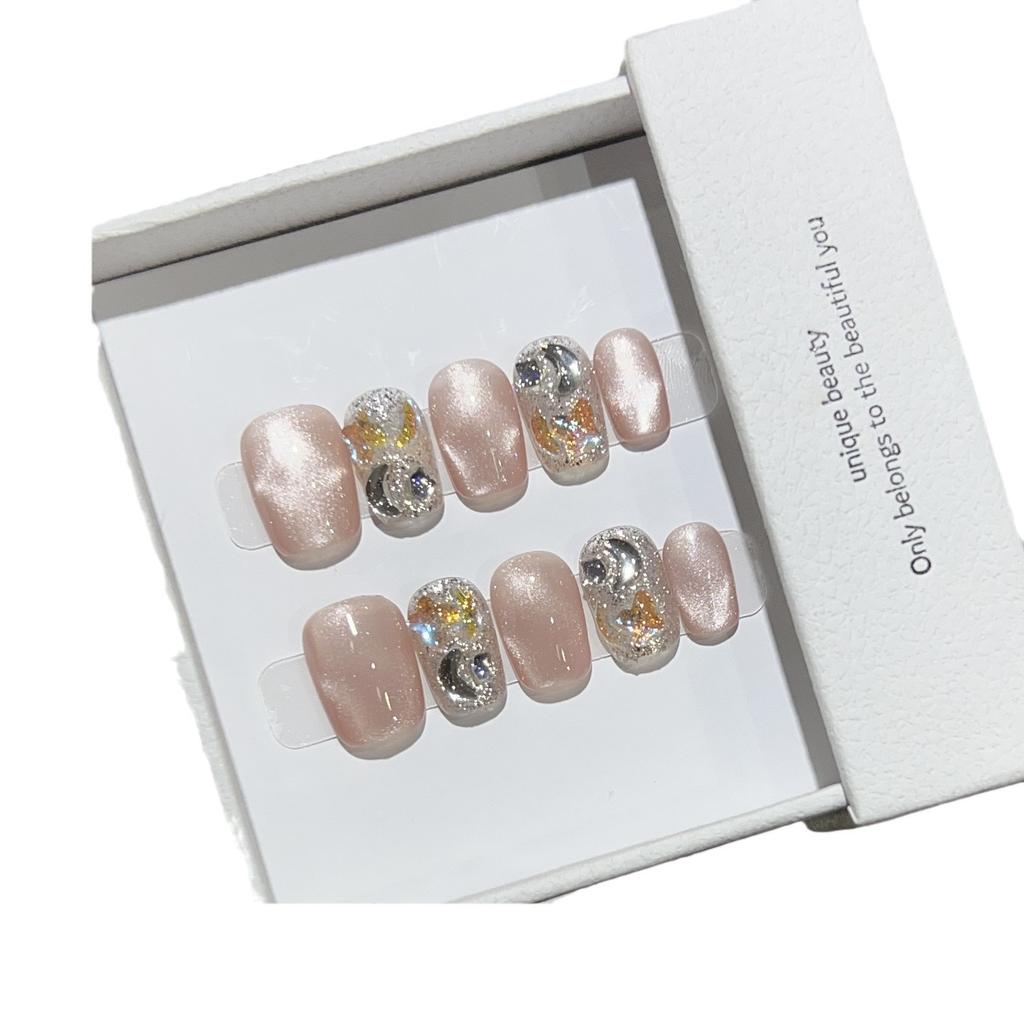 Daily Short Wear Armor Handmade Water-light Corrugated Cat Eye Nail Art Bursting and Broken Diamond Fake Nail Patch Removable Nail Patch