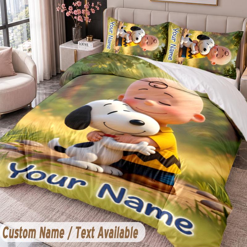 Custom Name Text 3Pcs Bedding Set Snoopy Peanuts Duvet Cover And Two Pillowcases