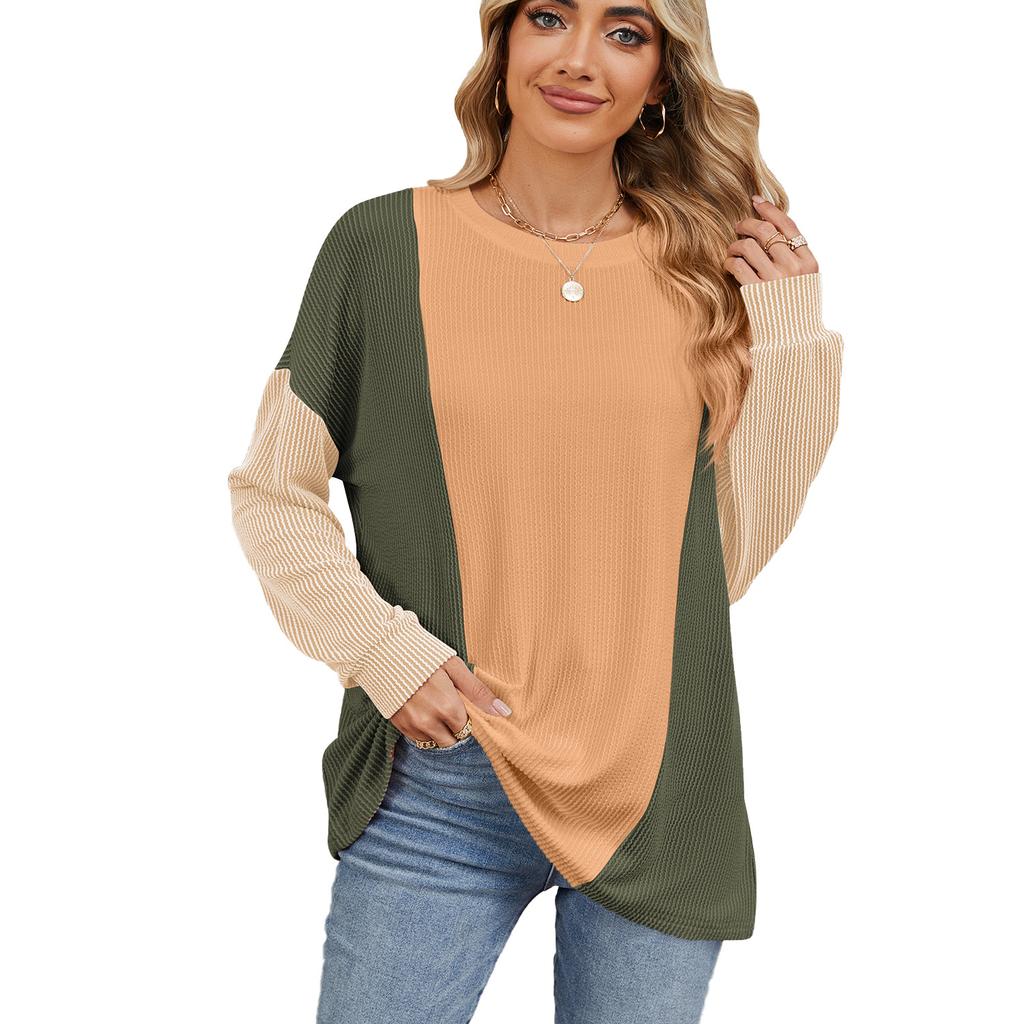 Осенняя женская блузка с круглым вырезом, свободный пуловер с длинным рукавом