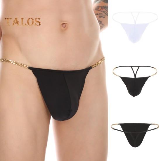 Men Thong Ice Silk Underwear Sexy G-Strings Metal Chains Hollow Out Comfortable Briefs Slim Fit High Elasticity Panties