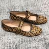 Sheepskin Version~ French Leopard Print Leather Flats Mary Jane Women's Shoes One-word Buckle Strap Square Head Soft Sole Single Shoes Ladyshoes