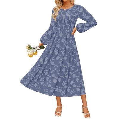 Женское модное повседневное платье с круглым вырезом, длинными рукавами и однотонной расцветкой