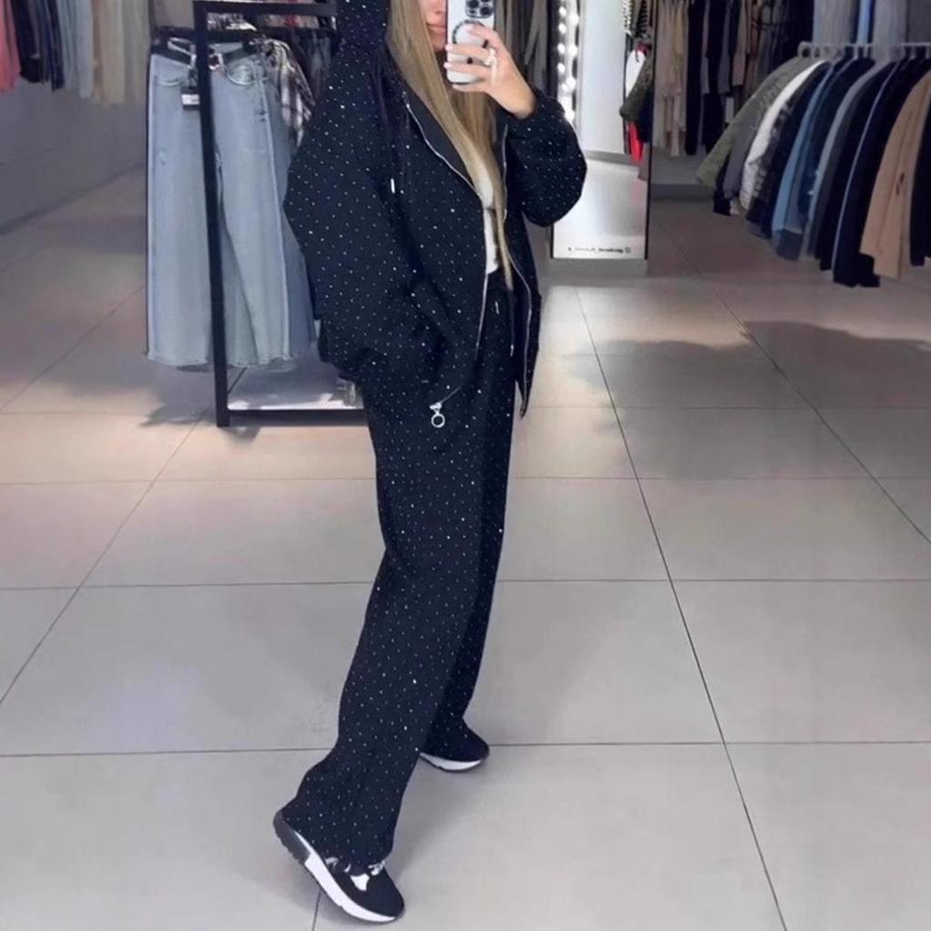 Европейский и Американский Комплект из Двух Предметов: Худи и Широкие Брюки - Женский Повседневный Осенне-Зимний Спортивный Костюм на Молнии с Полной Декорацией Стразами