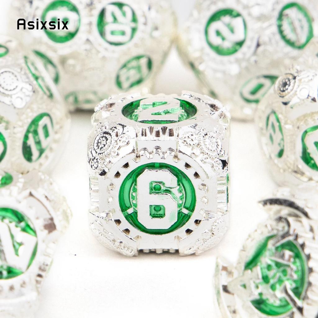 7 Pcs White Green Gear Wheel Metal Dice Solid Metal Polyhedral Dice Set Suitable for Role-Playing RPG  Board Game Card Game