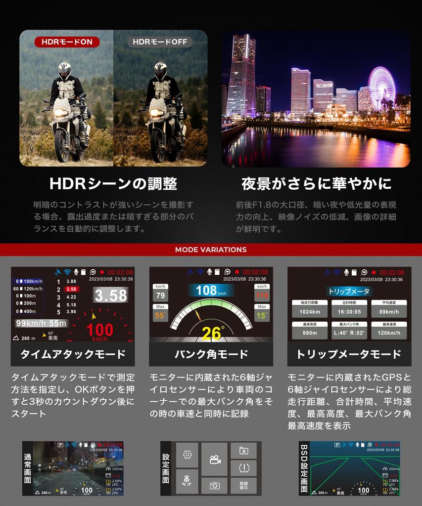 Kaedear Motorcycle Dash Cam KDR-D801-BSD (Dual FHD, BSD Blind-Spot Alert, GPS, Wi-Fi, IP67)