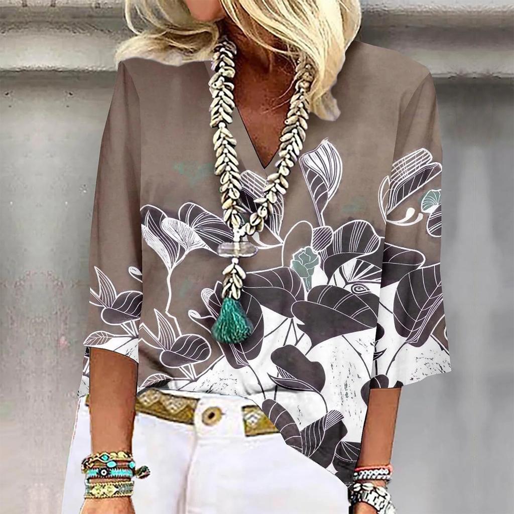 Women's Shirt Blouse Casual Loose Shirts 3/4 Sleeve Print V Neck Tops Print Tops T-shirts Tee