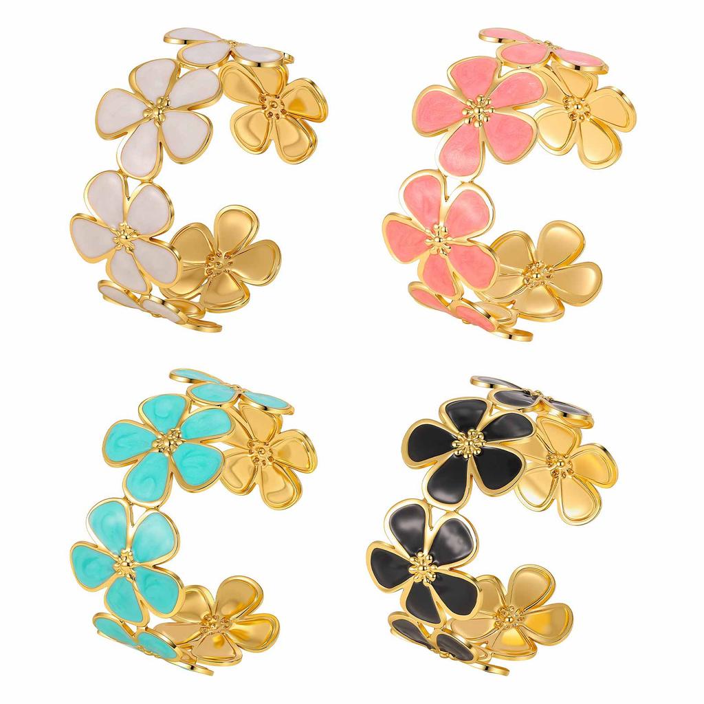 Vintage Colorful Enamel Flower Cuff Bracelet, 18K Gold Plated Stainless Steel Floral Bangle, Anti-Tarnish Party Jewelry