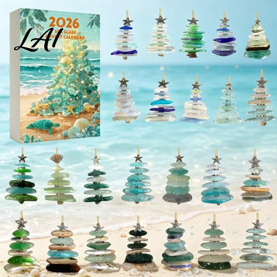 24 Day Advent Calendar Gift 2026 Sea Glass Style Christmas Countdown Blind Box 24Pcs Marine Inspired Party Supplies Acrylic Tree Hanging Ornaments,